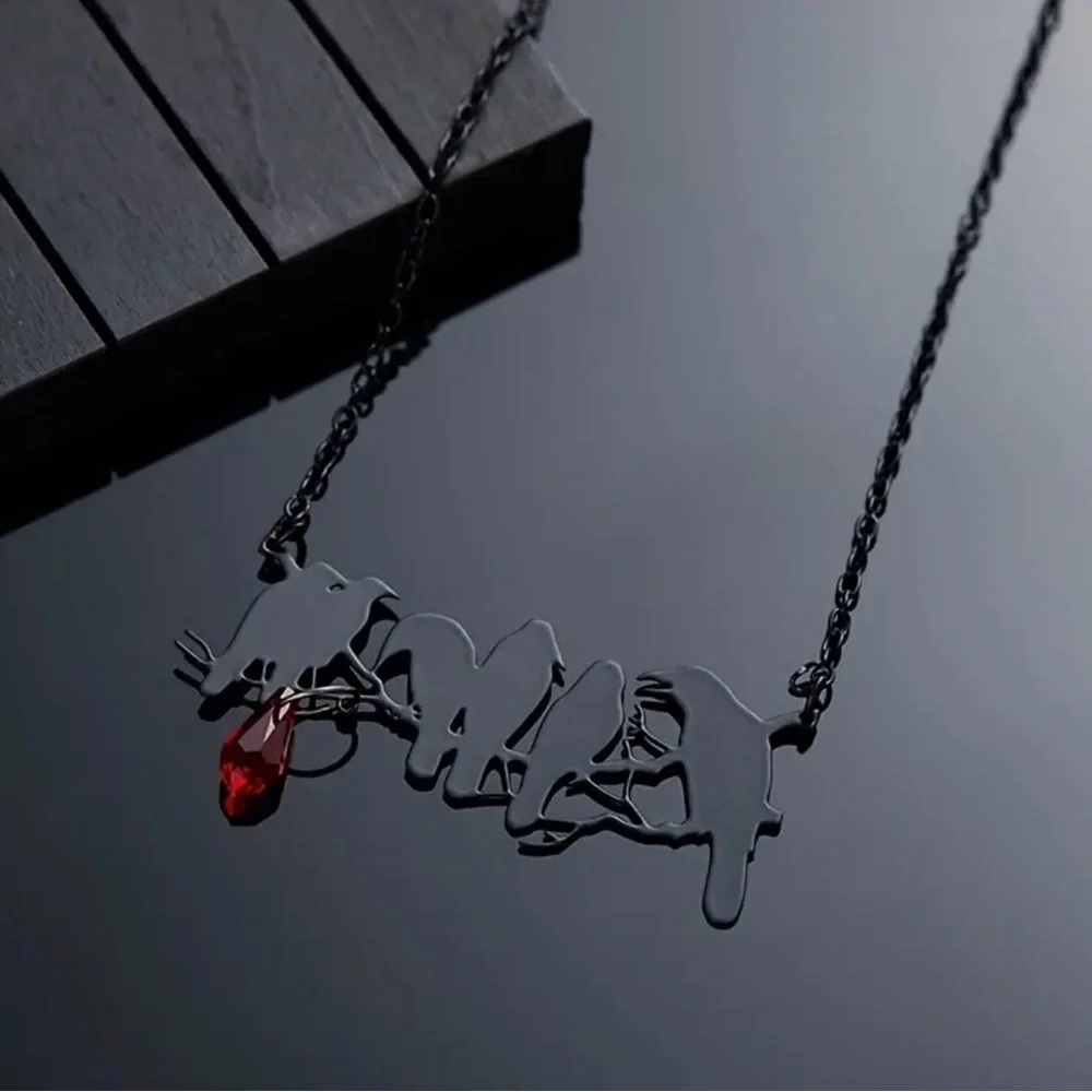 “Raven” Edgar Poe Perched Crows Birds Blood Droplet Macabre Gothic Grim Necklace - Picture 9 of 16